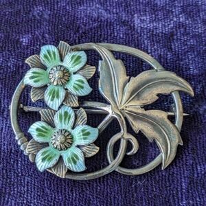 Solid 14K Gold And 925 Sterling Silver Floral Brooch, Vintage